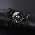 Men's fashion watch set featuring a black Geneva quartz watch and three beaded leather bracelets - Black Strap Black Dial Silver Hands Set (No Box)