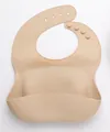 Adjustable beige food-grade silicone baby bib with a deep 3D leak-proof food catcher - Large / Beige