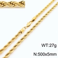 Gold plated stainless steel rope chain necklace 500x5mm 27g for men and women - 500x5mm(KN231967-Z)