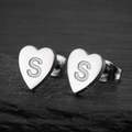 Minimalist heart-shaped stainless steel stud earrings with letter S engraving in silver - Letter S / Steel