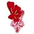 Red baroque floral one-piece swimsuit with 3D flower and pearl shoulder details - S / Red Floral Pearl Flower Swimsuit