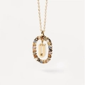 Gold letter U necklace featuring an oval pendant with multi-colored cubic zirconia gems - Gold U