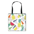 White canvas tote bag with vibrant Memphis style fruit prints and black ribbon handles - Memphis Colorful Fruit Print