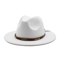 Classic white wool wide brim fedora hat with brown band and retro metal emblem - M(56-58cm) / White