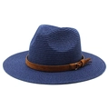 Detail of navy blue straw sun hat featuring a brown suede band and golden buckle tassel - M (56-58cm) / Navy Blue
