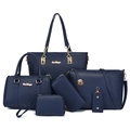 Navy blue 6-piece handbag set featuring lychee grain tote and gold-tone hardware - Blue