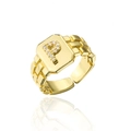 Macro view of adjustable 18K gold plated ring featuring letter P and inlaid zircon crystals - Letter P