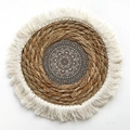 Bohemian round woven wall decor in brown seagrass with white tassels and mandala pattern - Pattern 5 (With Tassels 25cm)