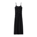 Detail of 3D floral lace applique and pleated skirt on a black maxi slip dress - S / Black
