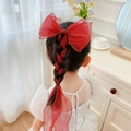 Girls hair accessory featuring a large red organza bow with golden edges on a ponytail - Wine Red Solid Bow Streamer
