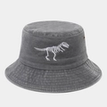 Detail of white dinosaur skeleton embroidery on washed grey cotton bucket hat - M (56-58cm) / Gray