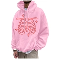 Men's light pink fleece hoodie with red skeleton rib print and kangaroo pocket - S / Tops / Pink