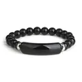 Polished black gemstone stretch bracelet with rectangular module and silver spacers - Black Agate