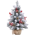 Close-up of mini Christmas tree with snow-covered branches, red berries, and pine cones - SYS119