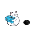 White cat with blue coffee mug enamel pin and black rubber clutch for backpack decoration - White Cat with Coffee Cup Style (CZ0535-2)