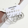 6-pair silver earring set with pearls, rhinestones, and large polished hoops on card - E057/Silver Polished / Silver