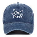 Donkerblauwe gewassen denim honkbalpet met Cat Mom borduursel en kattenoren ontwerp - Eén maat / Marineblauw