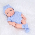 Realistic 20cm reborn baby doll in blue and white striped outfit on plush background - Blue Striped