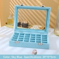 Portagioie azzurro a 24 scomparti con coperchio in vetro e fibbie in metallo 20x15x5cm - Celeste