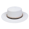 White flat-top straw boater hat with a decorative gold chain and black woven band - Thick Chain Decor Band Style (300H)