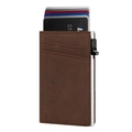 Brown PU leather automatic pop-up wallet with carbon fiber texture and metal card holder - Coffee Plain