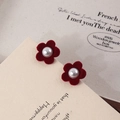 Burgundy flocked flower stud earrings with elegant faux pearl center decoration - Flocked Plum Pearl Stud Earrings / Burgundy
