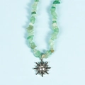 Green irregular crystal stone bead necklace featuring a vintage silver sun pendant - Green Aventurine Sun