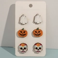 Detail of Halloween stud earring set with ghost, glitter pumpkin, and skull patterns - Halloween Glitter Pumpkin Ghost Skull Set(MO8)