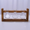 Hydroponic glass planter set with brown wooden stand and three diamond glass flasks - Wood Stand + 3 Diamond Glass Vases