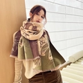 Elegant winter scarf with beige and brown floral pattern worn by model for warmth - Magnolia Fragrance-Green Brown