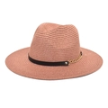 Detail of dusty pink straw fedora hat featuring a black band and gold chunky chain link - M (56-58cm) / Dusty Pink