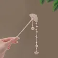 Golden Chinese hair pin with pink flowers, pearl tassels, and ginkgo leaf pendants - Folding Fan