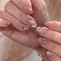 Pink gradient press-on nails with white flower art and silver rhinestone charms - Nude Pink Gradient Blush Flower Style (JL0678)