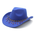 Detail of royal blue wool cowboy hat featuring bohemian beaded trim and ethnic embroidery - M (56-58cm) / Sapphire Blue