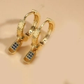 Macro view of 14K gold plated hoop earrings with rectangular dark blue zircon charms - Royal Blue Zirconia (Gold)