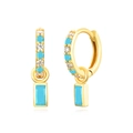 Golden earrings featuring square turquoise pendants and sparkling white zircon stones - Rectangle Blue Stone Hoop Gold