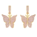 Elegant gold butterfly earrings featuring micro-pave pink cubic zirconia stones - E2207 Gold + Pink