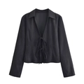 Top ajustado negro de manga larga para mujer con cuello de solapa y detalle de lazo cruzado - XS / Negro