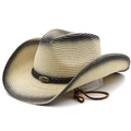 Chapeau de cowboy en paille dégradé beige-gris avec bande décorative en cuir brun - M (56-58cm) / Beige Noir Dégradé