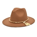 Detail of brown wool fedora hat featuring a gold chain strap with elegant pearl tassels - M (56-58cm) / Khaki