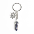 Blue and white natural crystal stone hexagonal pillar keychain with silver sun charm - Blue Sodalite