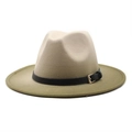 Two-tone wool felt fedora with wide brim, olive green contrast, and black leather belt buckle - M (55-58cm) / Beige and Army Green Patchwork