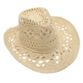 Macro view of woven straw sun hat featuring intricate hollow patterns and textures - Beige