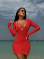 Detail of red hollow knit long-sleeve beach dress and bikini set for summer vacation - S / Red