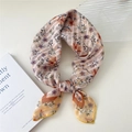 Chiffon floral square scarf with pink and orange flower print and yellow stitched hem - 58*58cm / 22 Stripe Base-Iris Yellow