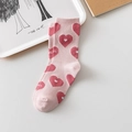 Pink mid-calf socks featuring red heart patterns and soft cotton fabric on a tray - Size 35-42 / Pink Background Heart