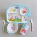 5-piece bamboo fiber kids tableware set featuring Peppa Pig cartoon pattern in light blue - Peppa Pig - Display Box / Rectangle