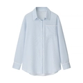 Close-up of white lace trim on cuffs and chest pocket of a blue striped shirt - Blue Top