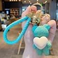 Mint green resin bear keychain with white heart and gold bell on a woven strap - Resin Heart Bear-Green