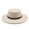 Detail of beige wool boater hat with black leather strap and gold star-shaped rivets - M (56-58cm) / Beige